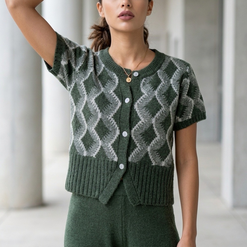 a.n.a Green Argyle Short Sleeve Cardigan Sweater Small NWT Boho Retro Cabincore